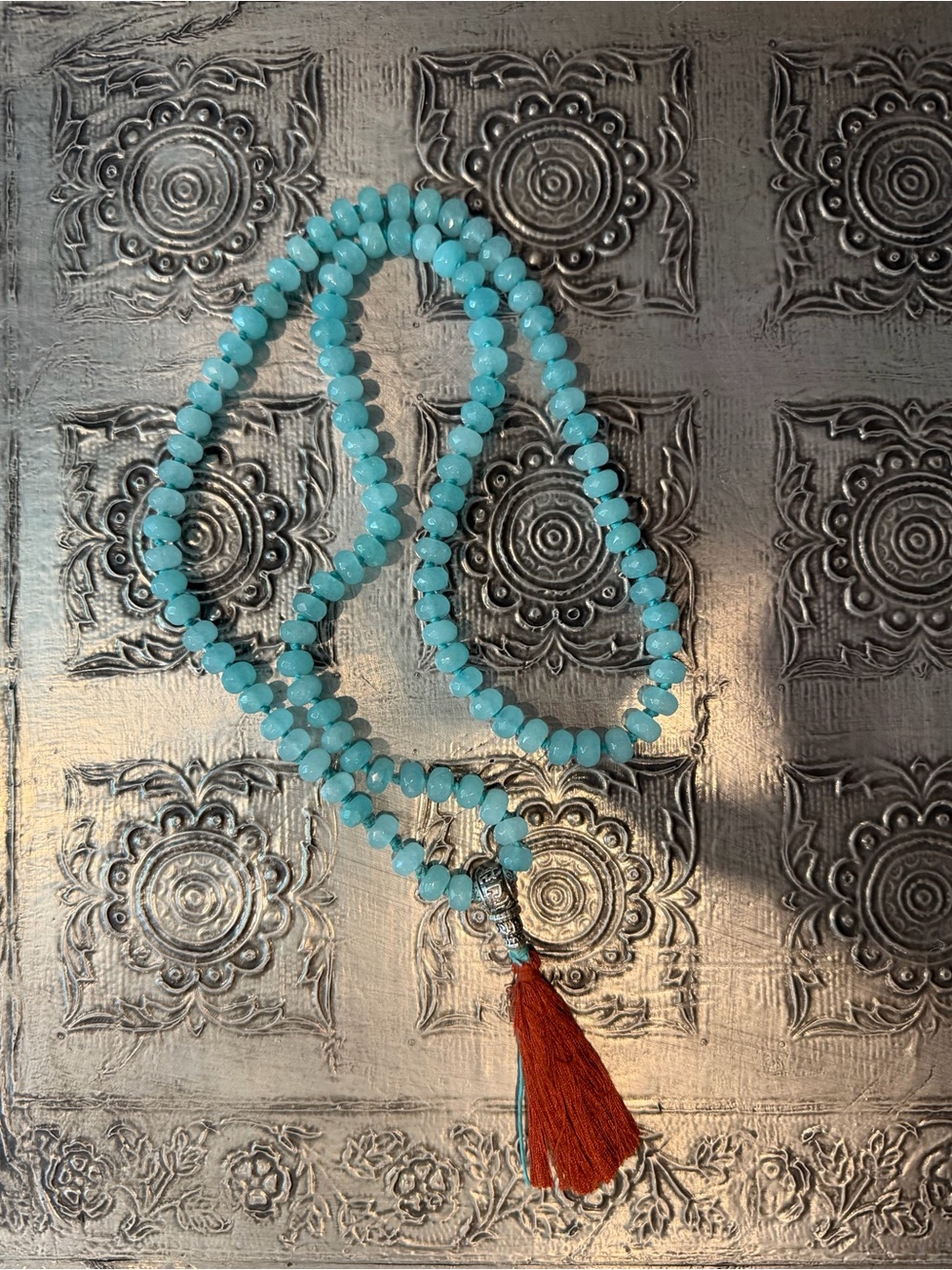 Aqua Amazonite 108-Bead Meditation Mala with Rust Tassel